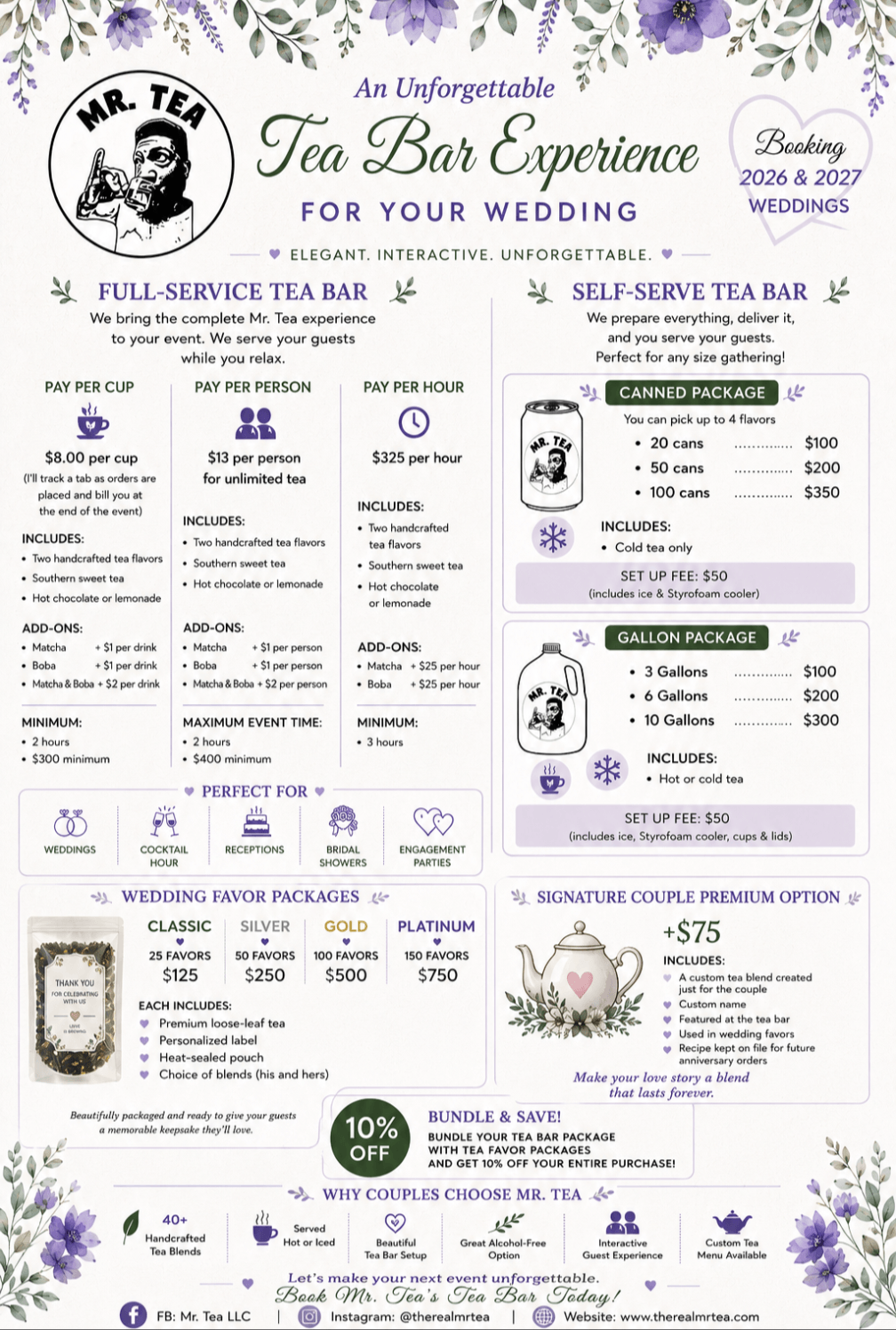 The Real Mr. Tea wedding tea bar menu — full-service and self-serve package pricing, wedding favor packages, and the signature couple premium option.
